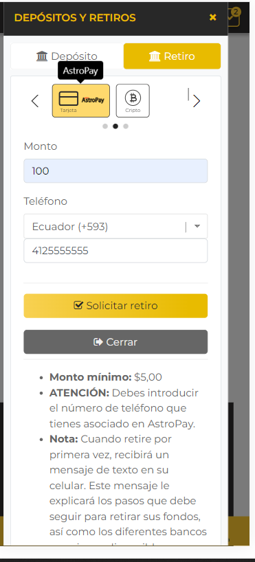 Retiro de dinero con AstroPay en Ecuador