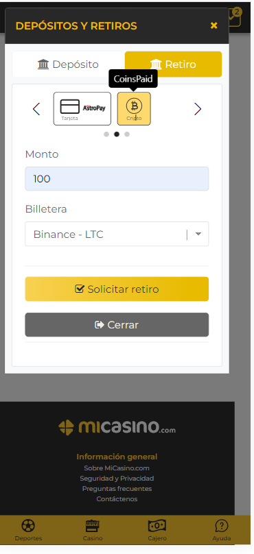 retirar dinero CoinsPaid en ecuador casino online