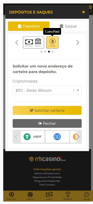 Depósitos com a CoinsPaid no Brasil