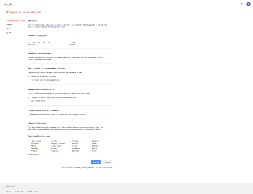 Configuración de la búsqueda de Google Configuración de la búsqueda de Google