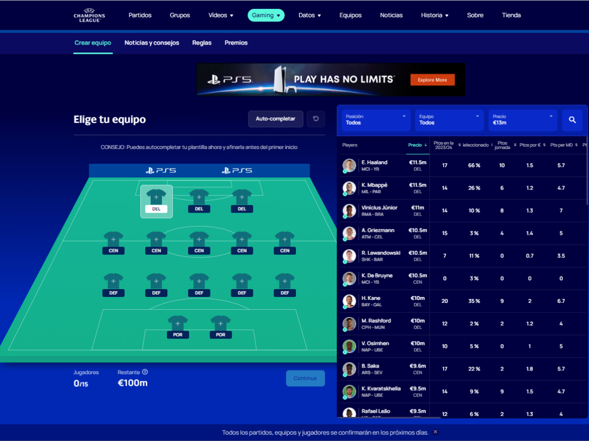 Arma tu plantilla de Fantasy Champions MiCasino