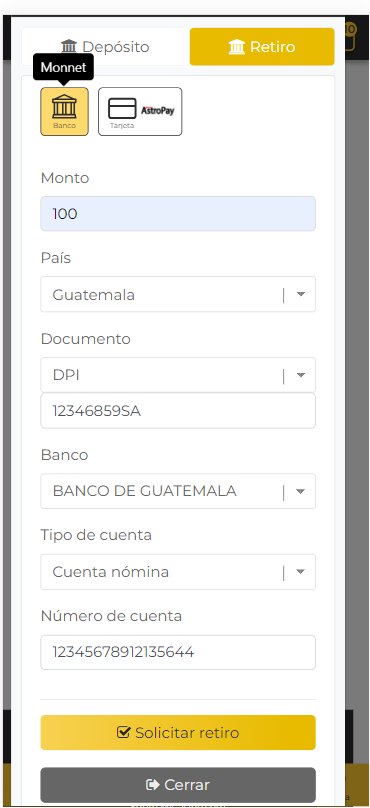 Retiro de dinero con Monnet