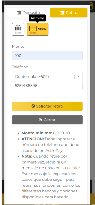Retiros con AstroPay desde Guatemala