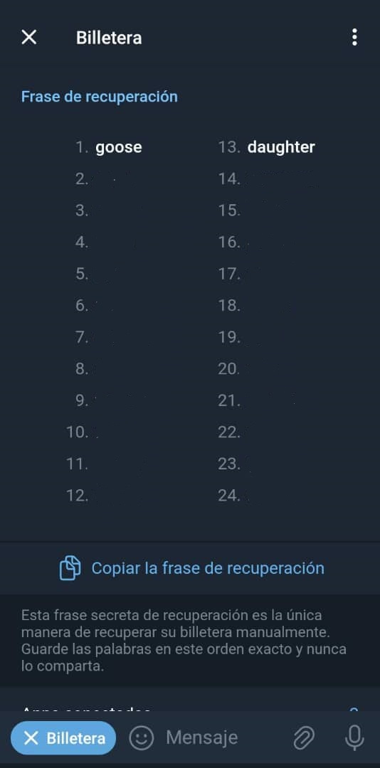 Ejemplo de frase secreta billetera telegram