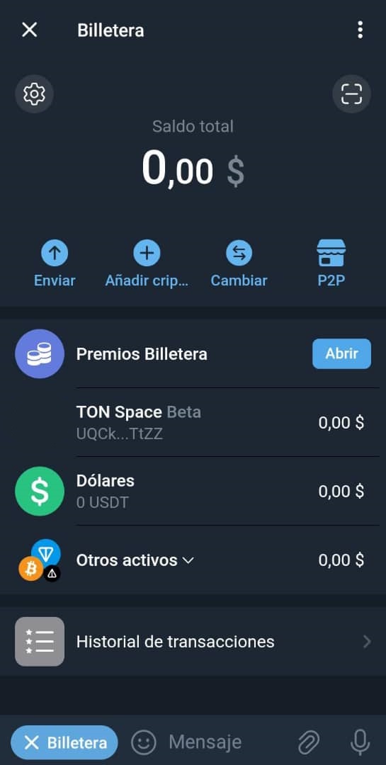 Menú billetera telegram