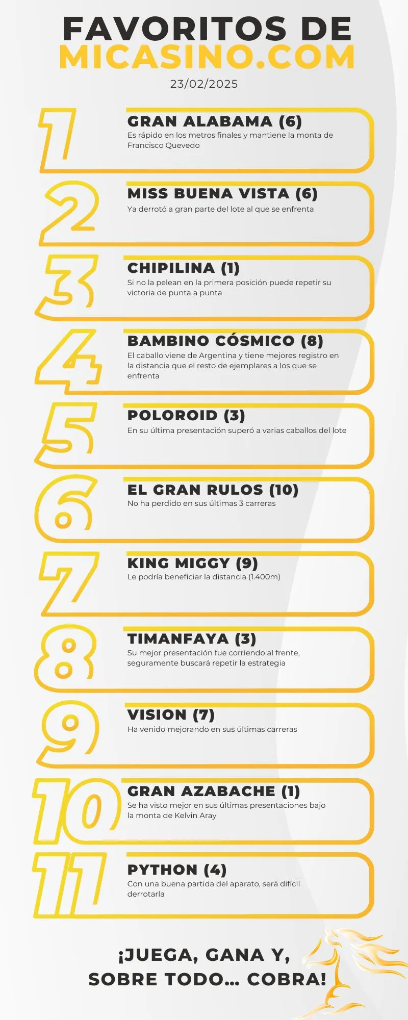 Favoritos a ganar en la rinconada el 23 de febrero MiCasino.com