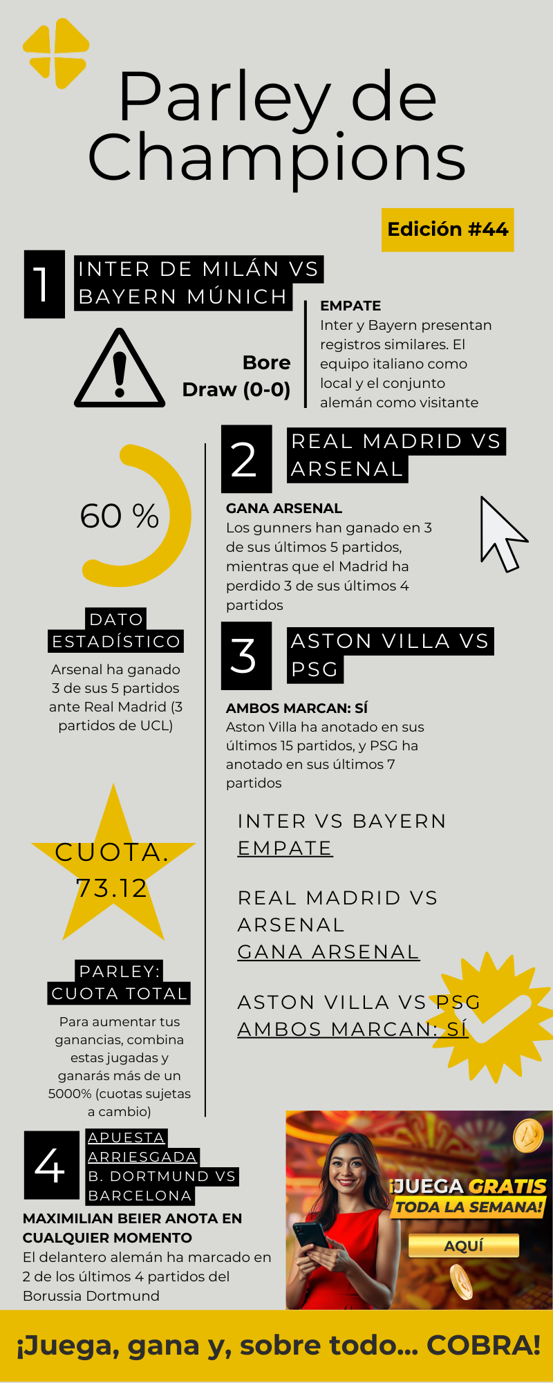 Parley de champions: Inter vs Bayern, Real Madrid vs Arsenal y mucho más MiCasino.com