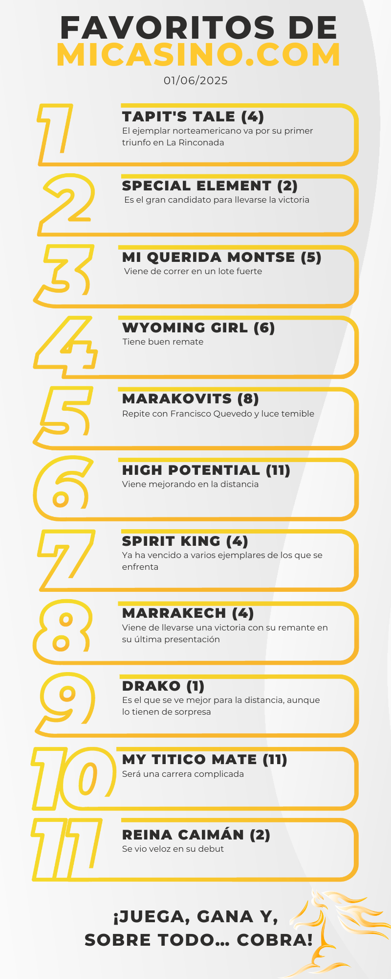 Favoritos 5y6 Hipismo Venezolano La Rinconada este Domingo 01 de Junio MiCasino.com